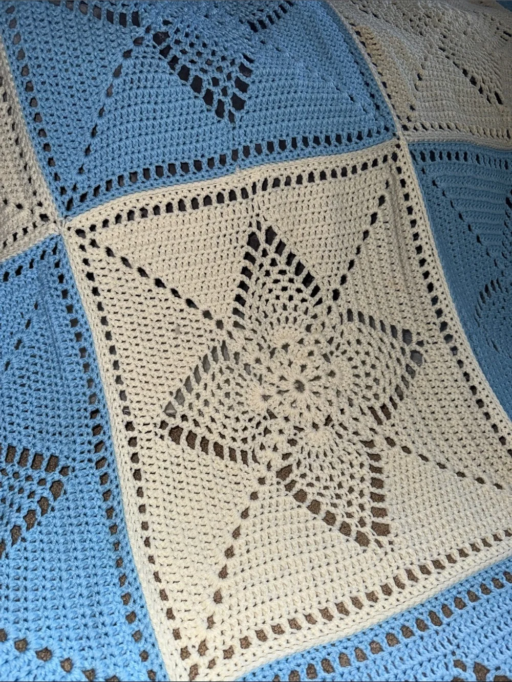 Hand Crafted Blue and Cream Crochet Star Patchwork Throw Blanket